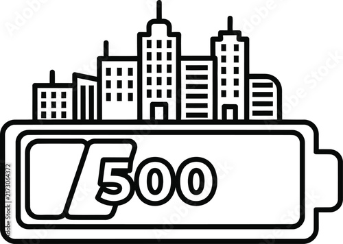 Sustainable Urban Energy Battery Icon Featuring City Skyline Buildings Rising to Represent Charging Levels and Power Progress