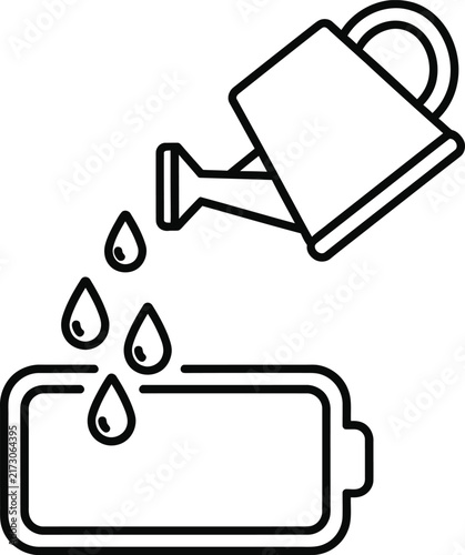 Watering Can Pouring Liquid Energy Droplets Into a Minimalist Battery Charging Monoline Outline Icon