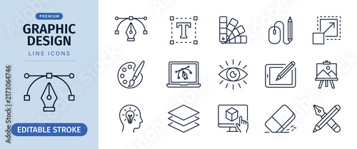 Graphic design line icon set for visual artwork and creative tools, vector illustration