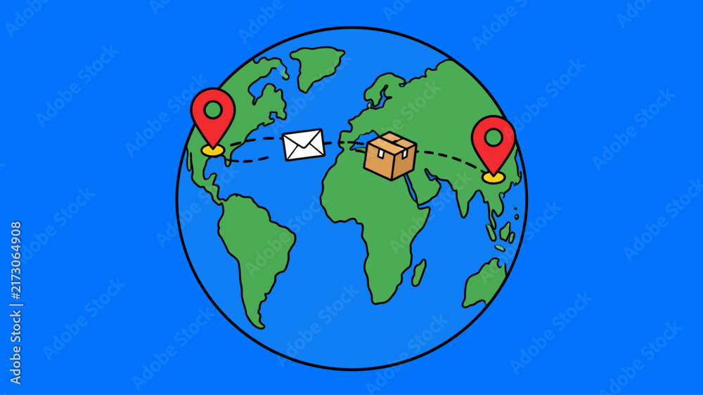 Naklejka premium Global Logistics and International Shipping Illustration Showing Mail and Parcel Delivery Across World Map on Blue Background