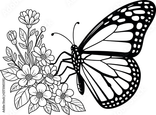 Monarch butterfly on blooming flowers line art vector illustration for botanical nature and coloring page design