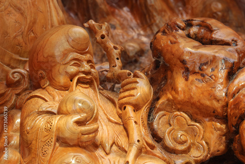 Canvastavla Shou Lao root carving wooden statue of longevity god, hand carved natural wood O