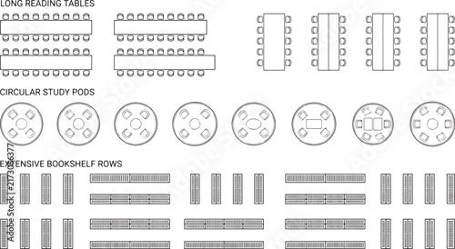 Architectural floor plan symbols, library furniture top view icons, reading tables and circular study pods vector set