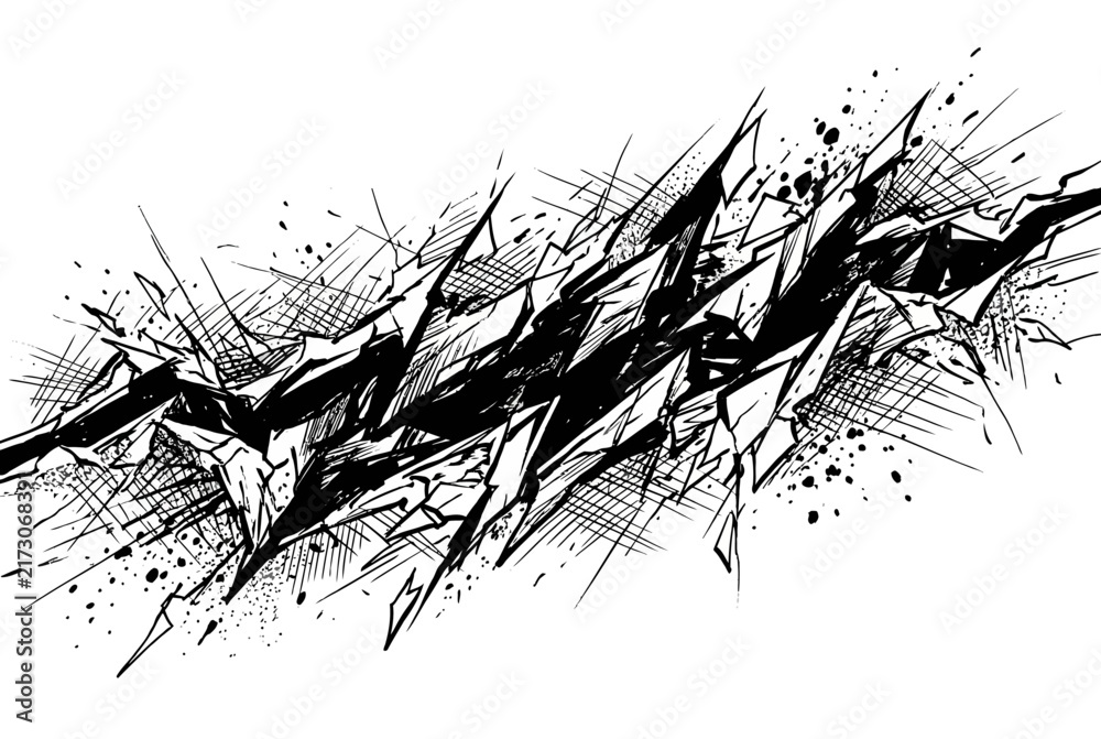 Fototapeta premium Abstract black and white dynamic sketch featuring sharp geometric shards and ink splashes in an aggressive style