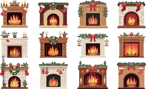 Cozy Christmas decorated fireplace collection set with burning fire stockings wreath and garland for holiday winter interior