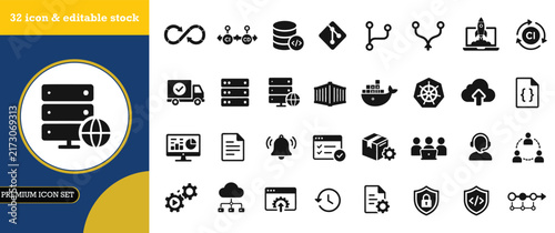 Devops and cloud computing icon set displays server management and software development.