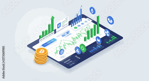 Fintech Innovation and Growth business presentation slide. Digital banking, mobile payment, and cryptocurrency icons. Financial technology stock vector concept.