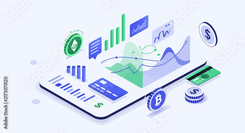 Fintech Innovation and Growth business presentation slide. Digital banking, mobile payment, and cryptocurrency icons. Financial technology stock vector concept.