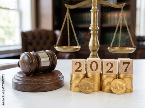 Gavel and scales of justice with 2027 wooden blocks on gold coin stacks