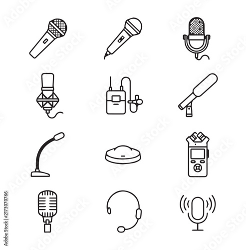 Diverse audio recording equipment collection in clean line art style for broadcast and podcasting