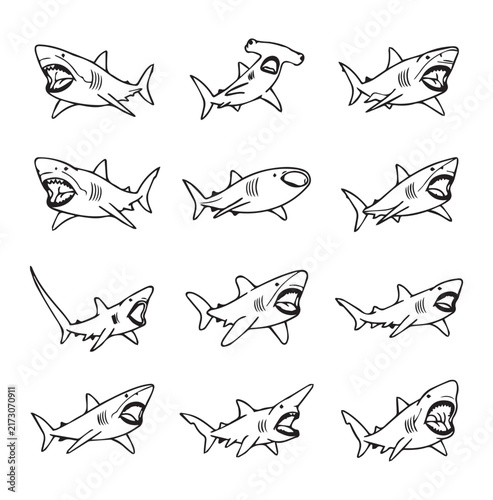 Diverse Cartoon Sharks in Various Poses and Expressions on White Background Illustration