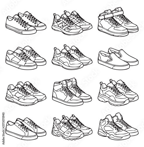 Diverse collection of athletic and casual footwear styles presented in a clean uniform graphic illustration