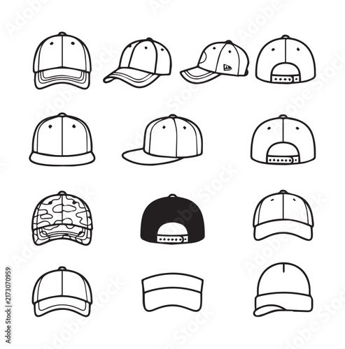 Diverse collection of baseball caps shown from various angles with different styles for headwear concepts