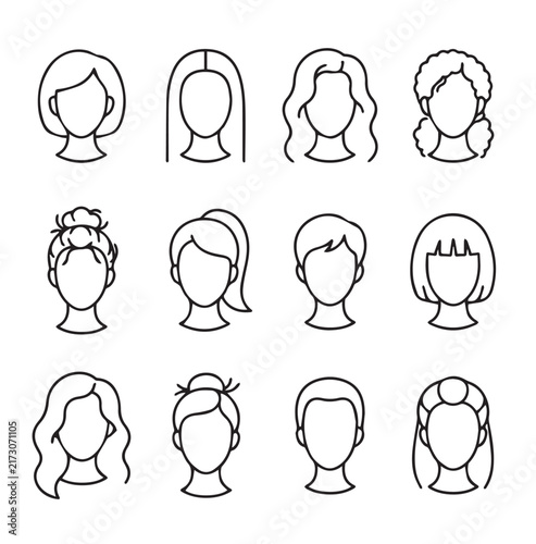 Diverse female and male hairstyles in a clean graphic illustration for beauty and personal care concepts