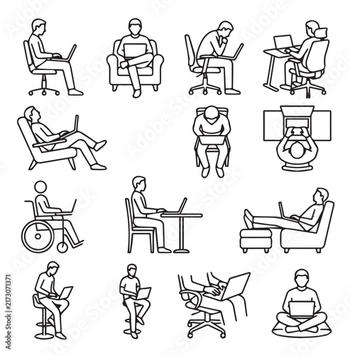 Diverse individuals working on laptops in various seated postures and settings illustrating remote work and digital connection