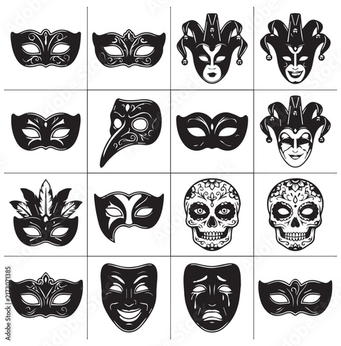 Diverse masquerade masks and theatrical faces in a grid layout with clean white background