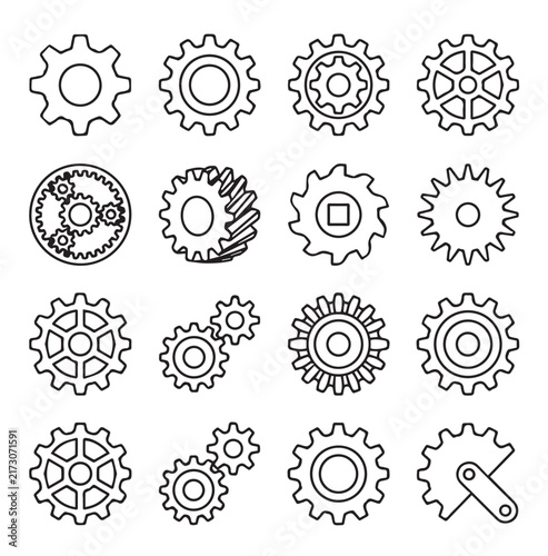 Diverse Mechanical Gears in Clean Line Art Style Against White Background for Engineering Concepts