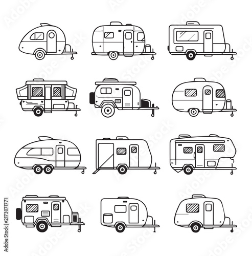 Diverse travel trailers and campers in a clean outline drawing style for recreation and adventure concepts