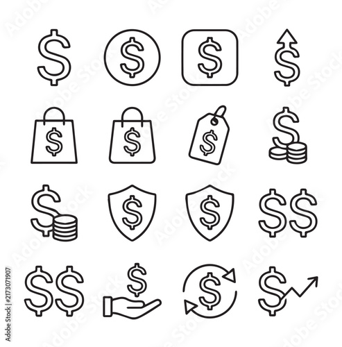 Dollar sign icons with financial concepts in clean graphic design for business growth