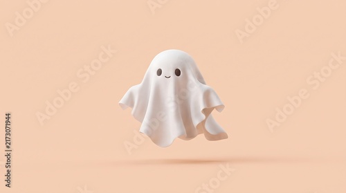 A cute little white ghost character floating on a soft pastel orange background for halloween design projects