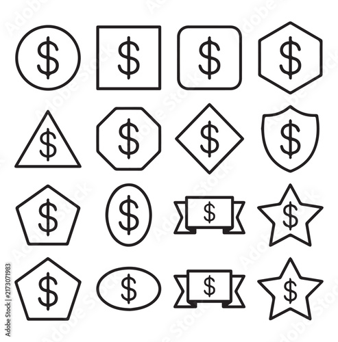 Dollar symbol icons on white background in various geometric shapes and ribbon styles representing finance