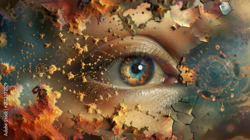 Close-up of human eye with golden glitter and autumn leaves texture in artistic makeup style