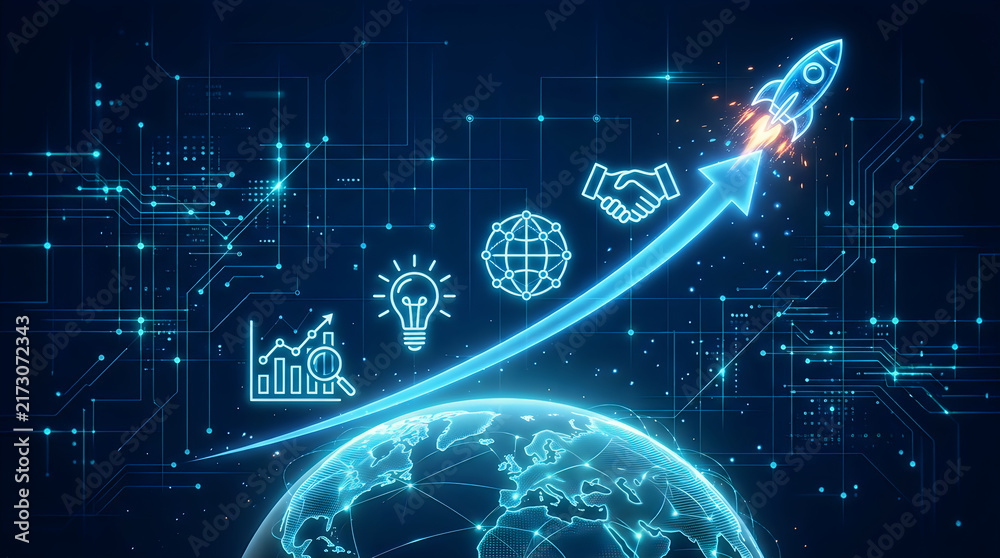 Fototapeta premium Digital illustration of a rocket ship launching from earth with business icons representing growth and global startup success in a dark blue futuristic space background isolated on transparent backgro