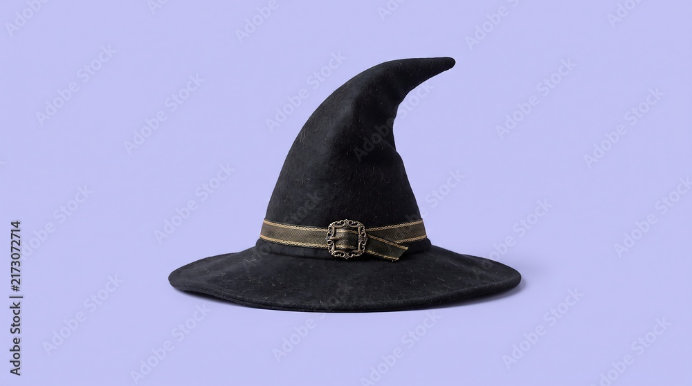 Obraz premium A black witch hat with a decorative gold band isolated on a soft purple background