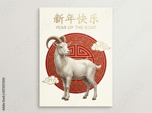 Lunar new year greeting card design featuring a realistic white goat illustration, traditional red circular pattern, and gold chinese calligraphy isolated on white background