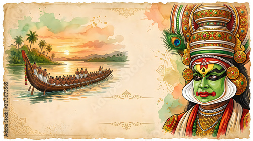Traditional kathakali dancer portrait with a snake boat racing on the kerala backwaters at sunset isolated on transparent background