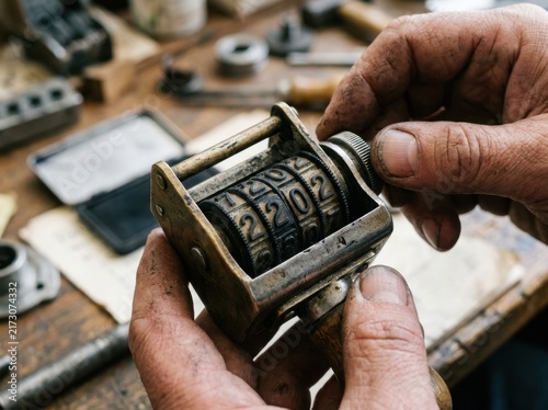 Closeup of a persons hands adjusting the wheels of a vintage metal date stamp machine on a cluttered workshop workbench