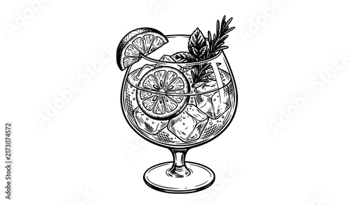 SEO Title:
Hand Drawn Vodka Tonic with Lime and Herb Garnish Vintage Vector Sketch