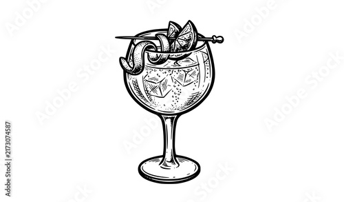 SEO Title:
Vintage Vodka Tonic Cocktail Goblet with Citrus Hand Drawn Vector Sketch