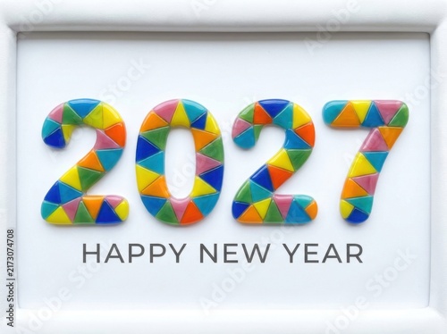 2027 happy new year greeting card with colorful mosaic style numbers inside a white frame, isolated on white background