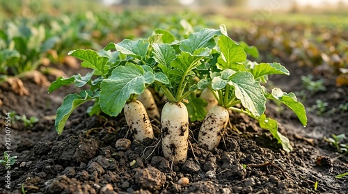 Several white daikon radishes growing in a vegetable field with green leaves on dark brown soil