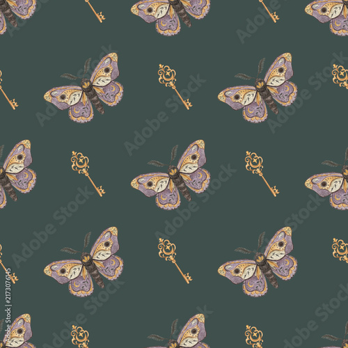 Bild auf Leinwand Watercolor mystical moth seamless pattern with golden magic keys on dark green b