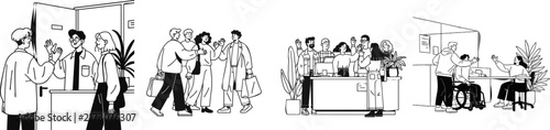 A clean, black-and-white vector illustration depicts an inclusive workplace where a new employee is warmly welcomed by colleagues with friendly waves, set against a pure white background
