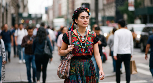 Street style: Junge Frau in buntem, folkloristischen  Outfit unterwegs in der Stadt beim Shoppen