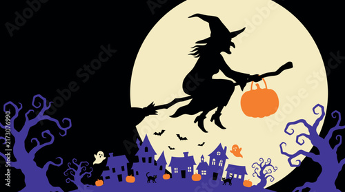 Spooky halloween banner featuring a witch flying on a broomstick against a large glowing full moon
