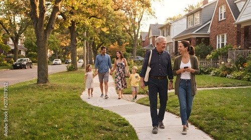 Multigenerational family walking together on suburban sidewalk during golden hour evening