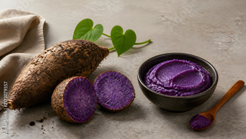 Purple Ube Yams Halves and Puree with Copy Space