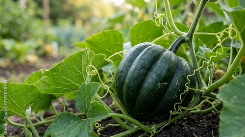 A dark green acorn squash growing on a vine with large leaves in a vegetable garden during daytime