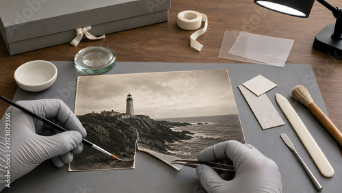Conservator Repairing Vintage Gelatin Silver Photograph