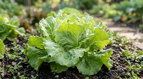 A head of fresh green lettuce growing in dark soil in a vegetable garden with blurred background