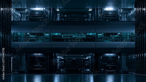 Modern Data Center Server Room With High Density Server Racks And Advanced Computing Infrastructure, Dark Enterprise Technology Environment For Cloud Computing, Data Storage And IT Operations Systems