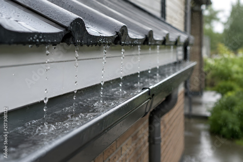 Rainwater dripping from roof tiles into gutter, house drainage system during heavy rain, home maintenance concept