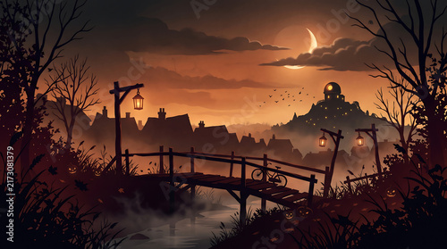 Halloween autumn village landscape with wooden bridge and crescent moon at night