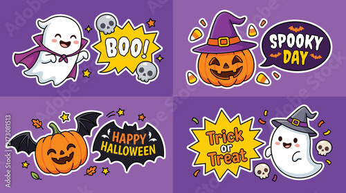 Cute cartoon halloween sticker set featuring ghosts pumpkins skulls and spooky text labels