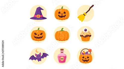Halloween icon set with witch hat pumpkin broom cupcake bat potion and candy basket design