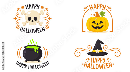 Happy halloween label collection with skull, pumpkin, cauldron, witch hat decorative elements